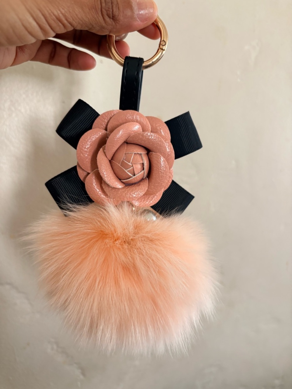 Peach Floral Pom Pom Keychain with Black Bow